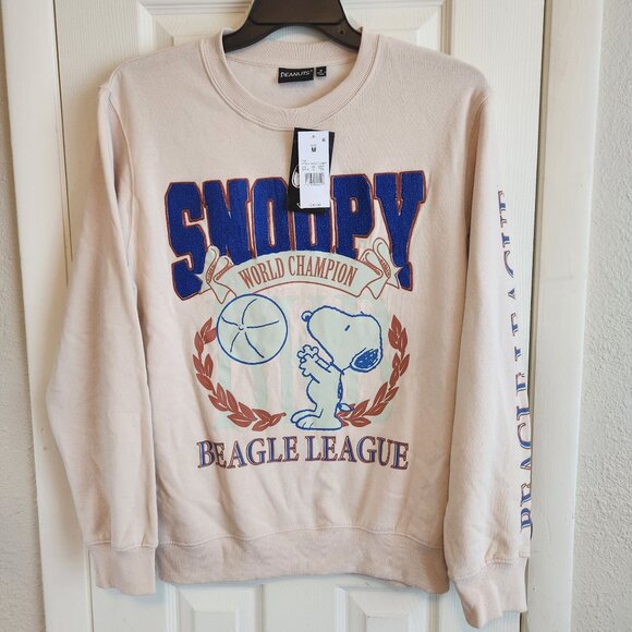 Men's Peanuts Snoopy Crewneck Pullover Sweatshirt - Tan M Snoopy World Champion - Picture 1 of 11